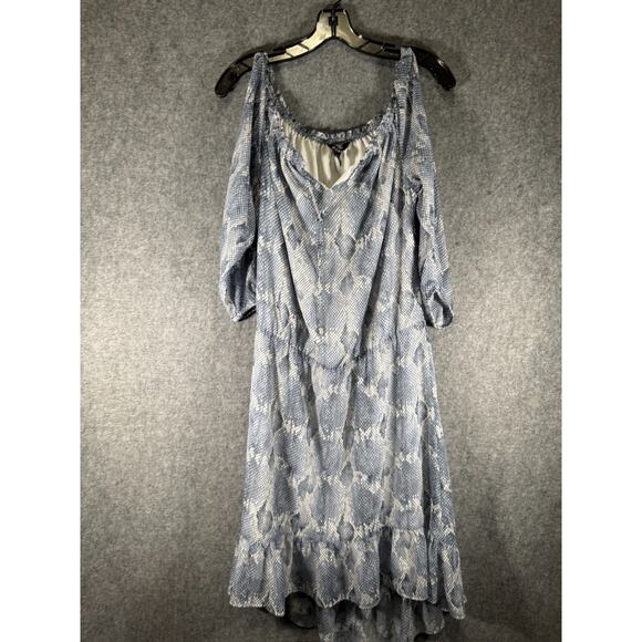 Whitehouseblackmarket Dress Women L Blue Geoprint Cold‎ Shoulder Smocked Summ - Picture 1 of 8